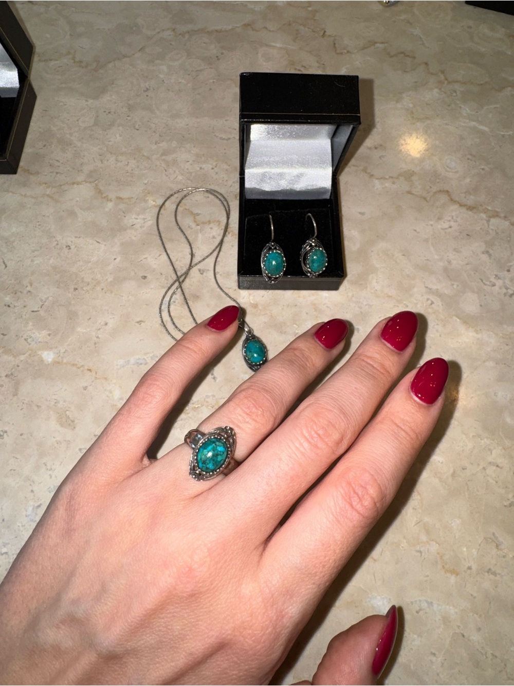 Sterling Silver Turquoise Jewelry Set - Necklace, Ring & Earrings - Picture 2 of 4